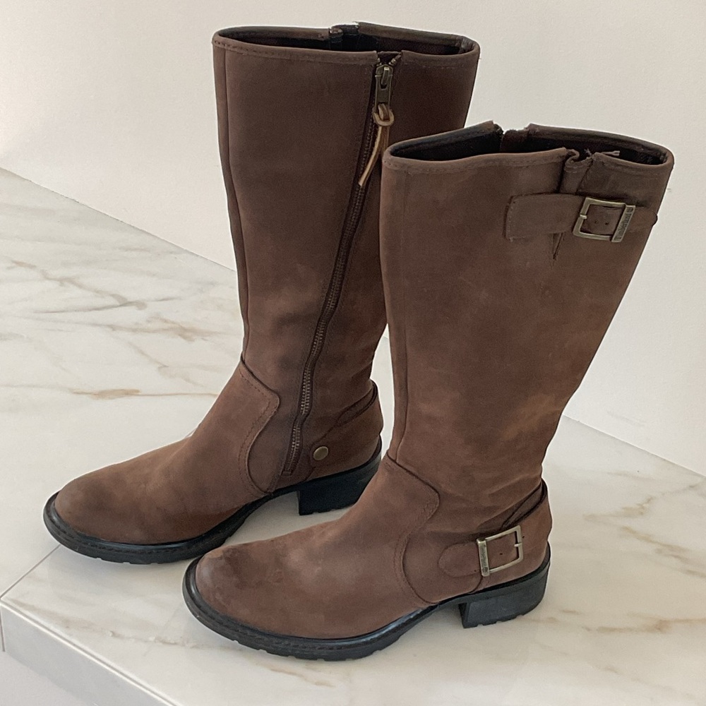 Timberland Suede Knee High Motorcycle Brown Buckle Boots